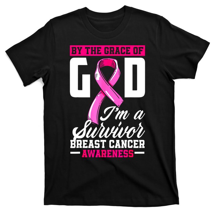 Breast Cancer Survivor Ribbon By The Grace God IM A Survivor Gift T-Shirt