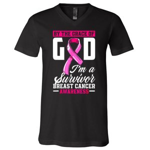 Breast Cancer Survivor Ribbon By The Grace God IM A Survivor Gift V-Neck T-Shirt