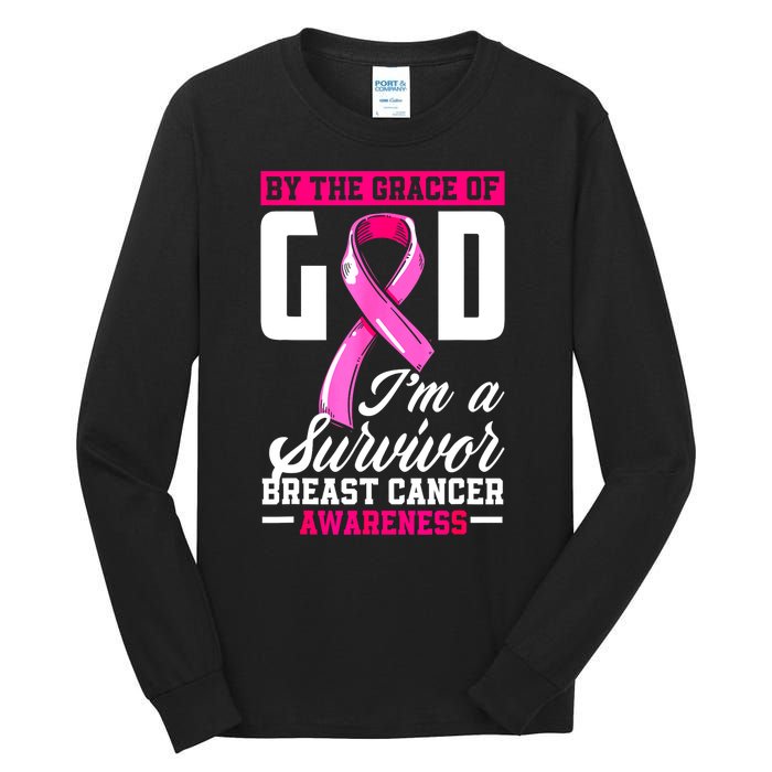 Breast Cancer Survivor Ribbon By The Grace God IM A Survivor Gift Tall Long Sleeve T-Shirt