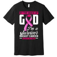 Breast Cancer Survivor Ribbon By The Grace God IM A Survivor Gift Premium T-Shirt