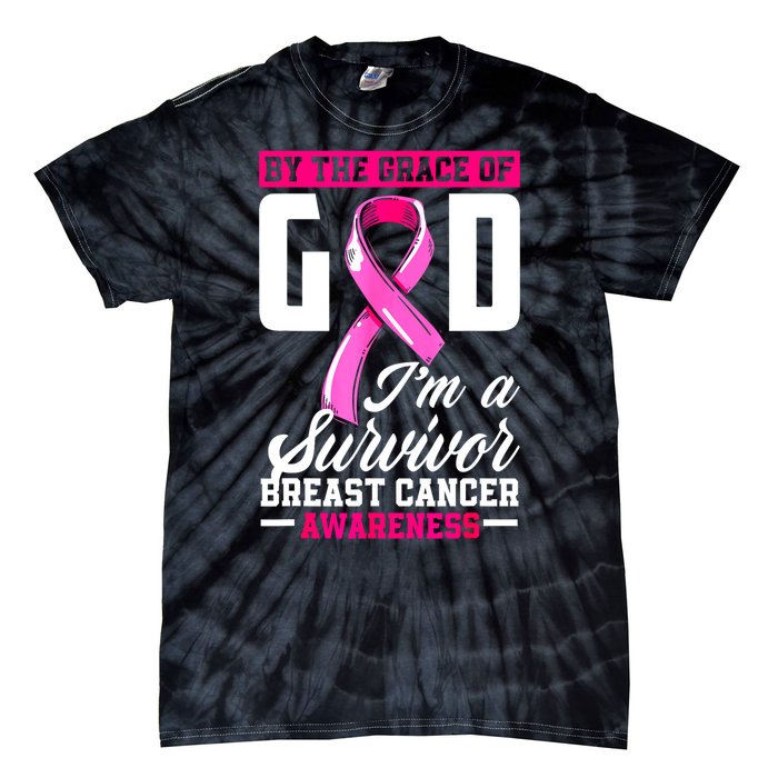 Breast Cancer Survivor Ribbon By The Grace God IM A Survivor Gift Tie-Dye T-Shirt