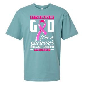 Breast Cancer Survivor Ribbon By The Grace God IM A Survivor Gift Sueded Cloud Jersey T-Shirt