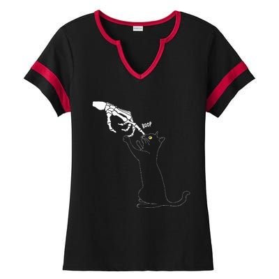 Black Cat Skeleton Hand Boop Cat Nose Ladies Halftime Notch Neck Tee