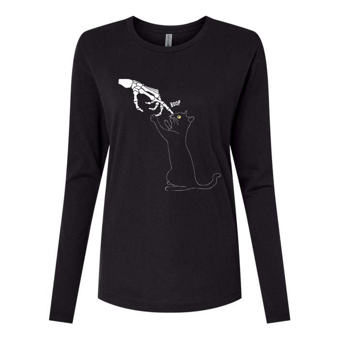 Black Cat Skeleton Hand Boop Cat Nose Womens Cotton Relaxed Long Sleeve T-Shirt