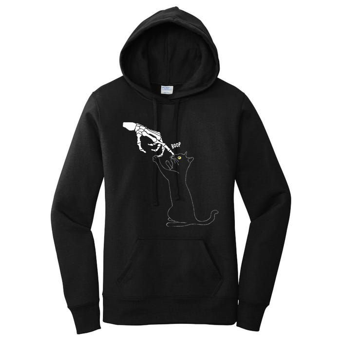 Black Cat Skeleton Hand Boop Cat Nose Women's Pullover Hoodie