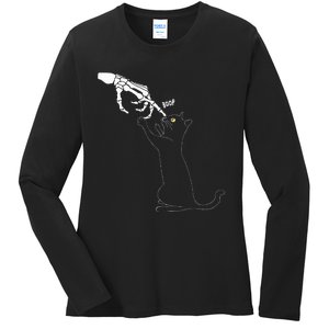 Black Cat Skeleton Hand Boop Cat Nose Ladies Long Sleeve Shirt