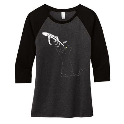 Black Cat Skeleton Hand Boop Cat Nose Women's Tri-Blend 3/4-Sleeve Raglan Shirt