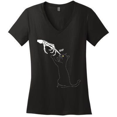 Black Cat Skeleton Hand Boop Cat Nose Women's V-Neck T-Shirt