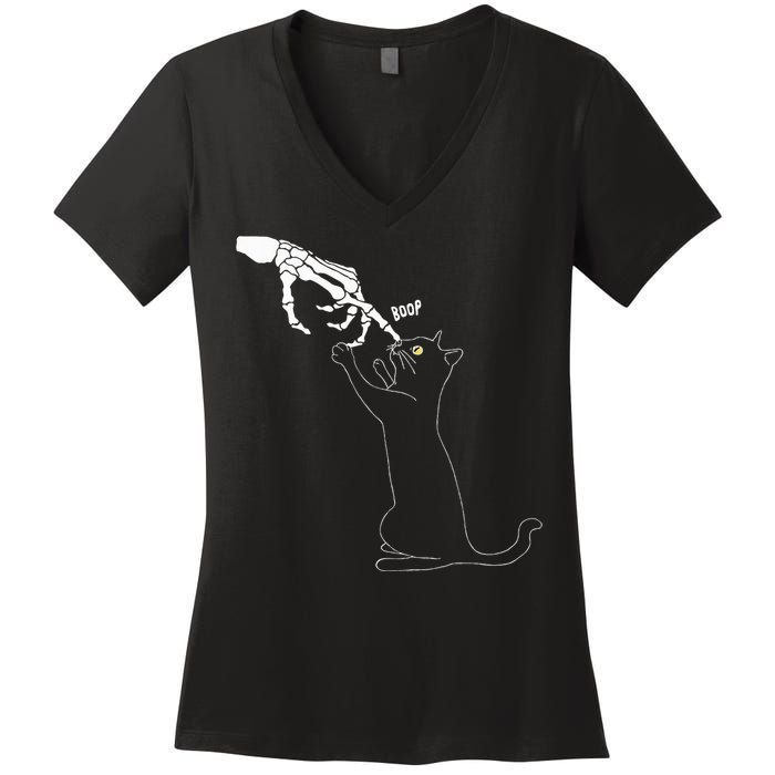 Black Cat Skeleton Hand Boop Cat Nose Women's V-Neck T-Shirt