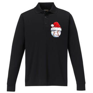 Baseball Christmas Santa Hat Funny Baseball Xmas Holiday Performance Long Sleeve Polo