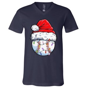 Baseball Christmas Santa Hat Funny Baseball Xmas Holiday V-Neck T-Shirt