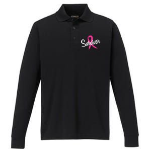 Breast Cancer Survivor Pink Ribbon Awareness Gift Performance Long Sleeve Polo