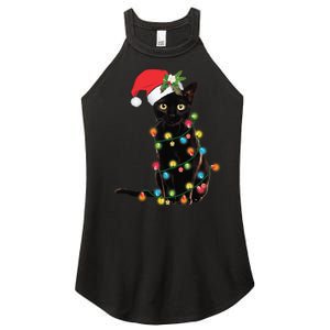 Black Cat Santa Tangled Up In Christmas Lights Women's Perfect Tri Rocker Tank