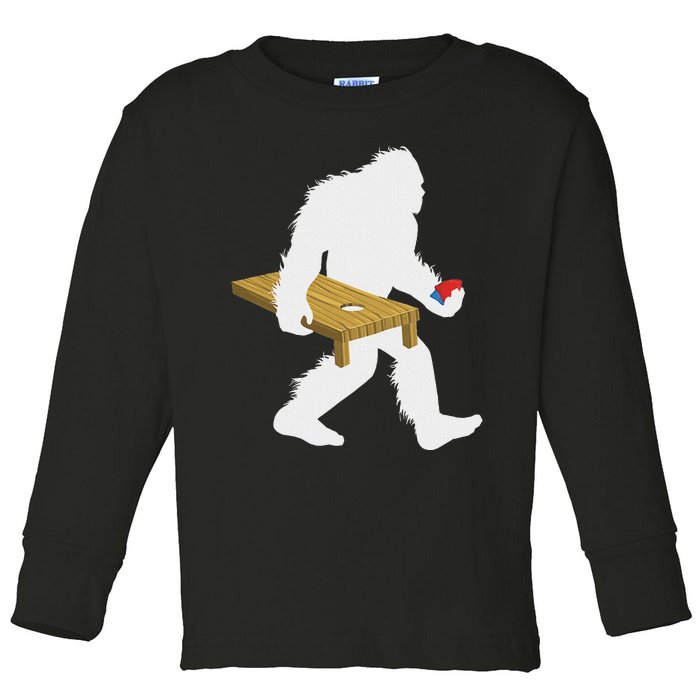 Bigfoot Cornhole Sasquatch Cryptid Bag Tossing Game Toddler Long Sleeve Shirt