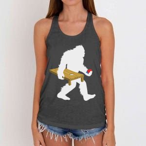 Bigfoot Cornhole Sasquatch Cryptid Bag Tossing Game Women's Knotted Racerback Tank