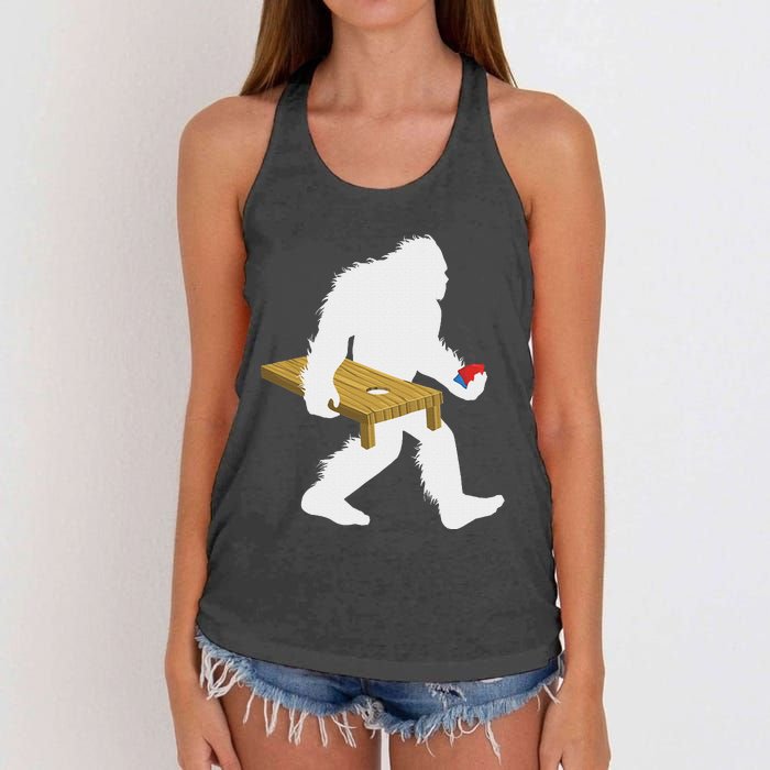 Bigfoot Cornhole Sasquatch Cryptid Bag Tossing Game Women's Knotted Racerback Tank