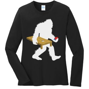 Bigfoot Cornhole Sasquatch Cryptid Bag Tossing Game Ladies Long Sleeve Shirt