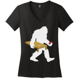 Bigfoot Cornhole Sasquatch Cryptid Bag Tossing Game Women's V-Neck T-Shirt