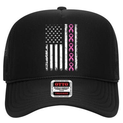 Breast Cancer s American Flag Breast Cancer Awareness High Crown Mesh Back Trucker Hat