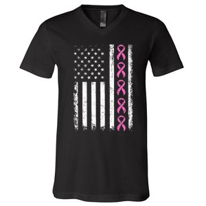 Breast Cancer s American Flag Breast Cancer Awareness V-Neck T-Shirt