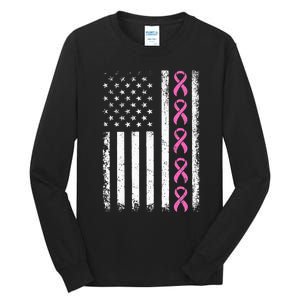 Breast Cancer s American Flag Breast Cancer Awareness Tall Long Sleeve T-Shirt