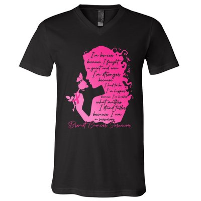 Breast Cancer Survivor Woman Pink Rose Flower Butterfly V-Neck T-Shirt