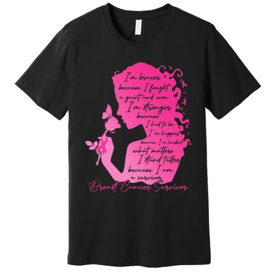 Breast Cancer Survivor Woman Pink Rose Flower Butterfly Premium T-Shirt