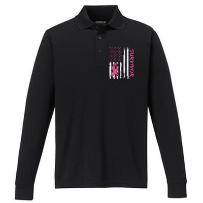 Breast Cancer Survivor American Flag Breast Cancer Awareness Performance Long Sleeve Polo