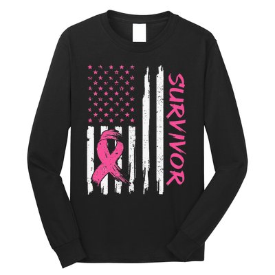 Breast Cancer Survivor American Flag Breast Cancer Awareness Long Sleeve Shirt