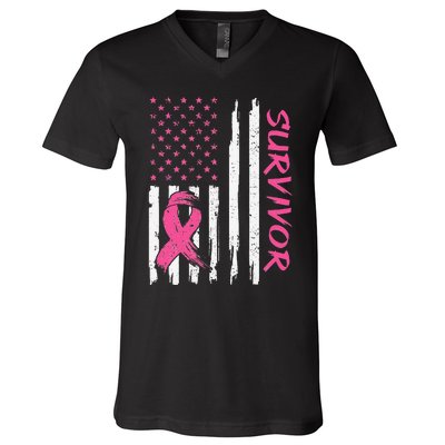 Breast Cancer Survivor American Flag Breast Cancer Awareness V-Neck T-Shirt