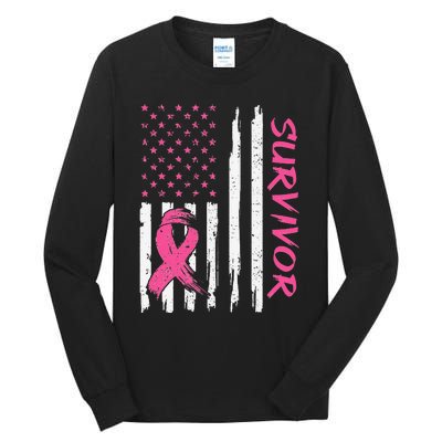 Breast Cancer Survivor American Flag Breast Cancer Awareness Tall Long Sleeve T-Shirt