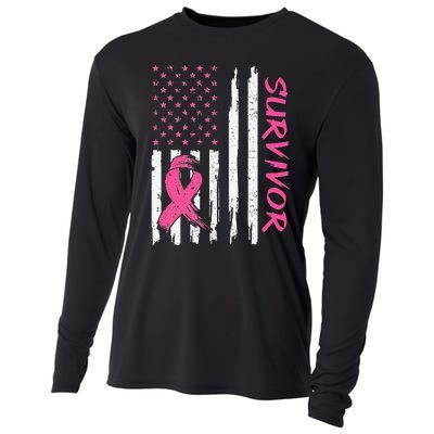 Breast Cancer Survivor American Flag Breast Cancer Awareness Cooling Performance Long Sleeve Crew