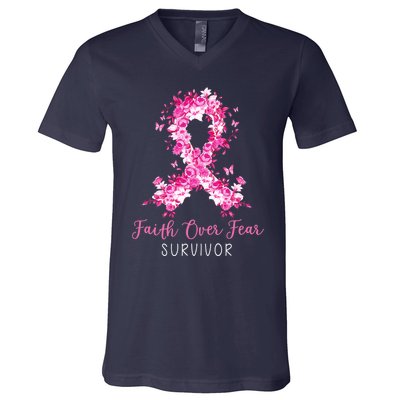 Breast Cancer Survivor Faith Over Fear Breast Cancer Awareness V-Neck T-Shirt