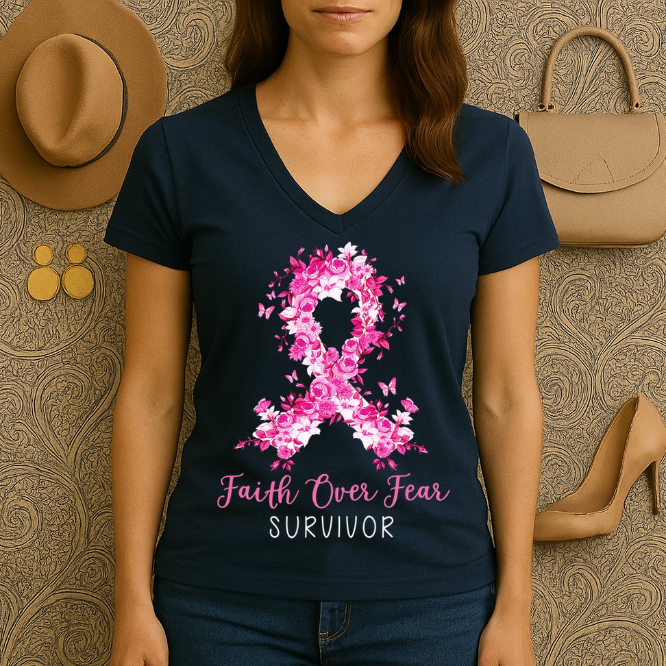 Breast Cancer Survivor Faith Over Fear Breast Cancer Awareness Women's V-Neck T-Shirt
