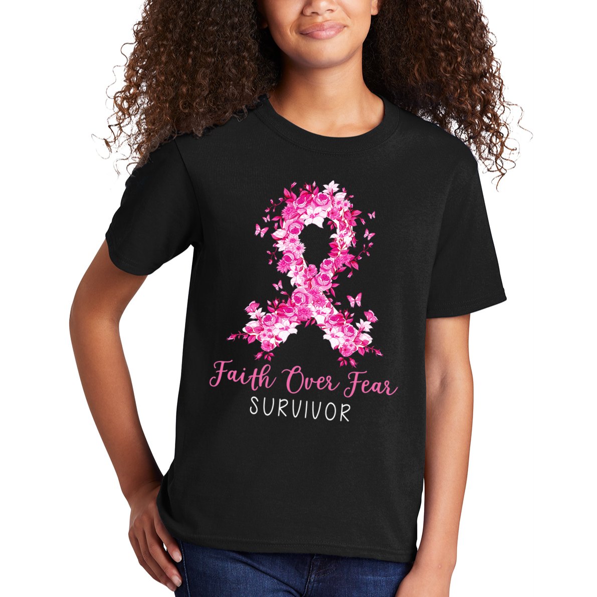 Breast Cancer Survivor Faith Over Fear Breast Cancer Awareness Kids T-Shirt