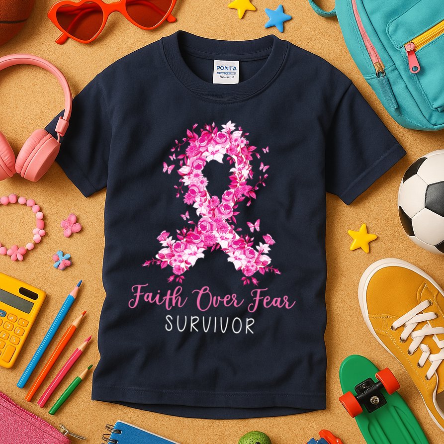 Breast Cancer Survivor Faith Over Fear Breast Cancer Awareness Kids T-Shirt