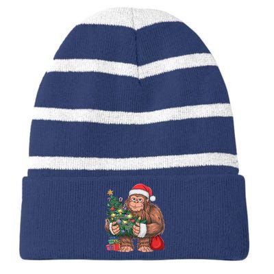 Bigfoot Christmas Sasquatch Xmas Tree Lights Striped Beanie with Solid Band