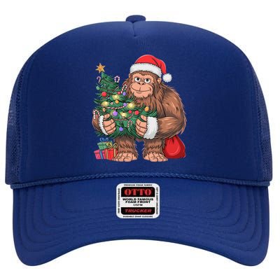 Bigfoot Christmas Sasquatch Xmas Tree Lights High Crown Mesh Back Trucker Hat