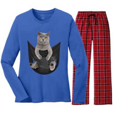 Black Cat Sits In Pocket Cats Tee Gift Meowy Gift Women's Long Sleeve Flannel Pajama Set 