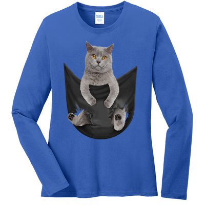 Black Cat Sits In Pocket Cats Tee Gift Meowy Gift Ladies Long Sleeve Shirt