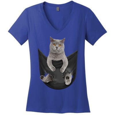 Black Cat Sits In Pocket Cats Tee Gift Meowy Gift Women's V-Neck T-Shirt