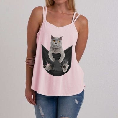 Black Cat Sits In Pocket Cats Tee Gift Meowy Gift Women's Strappy Tank