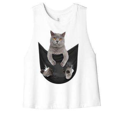 Black Cat Sits In Pocket Cats Tee Gift Meowy Gift Women's Racerback Cropped Tank