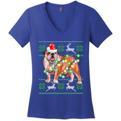 Bulldog Christmas Sweater Funny Gift Lights Santa Xmas Great Gift Women's V-Neck T-Shirt