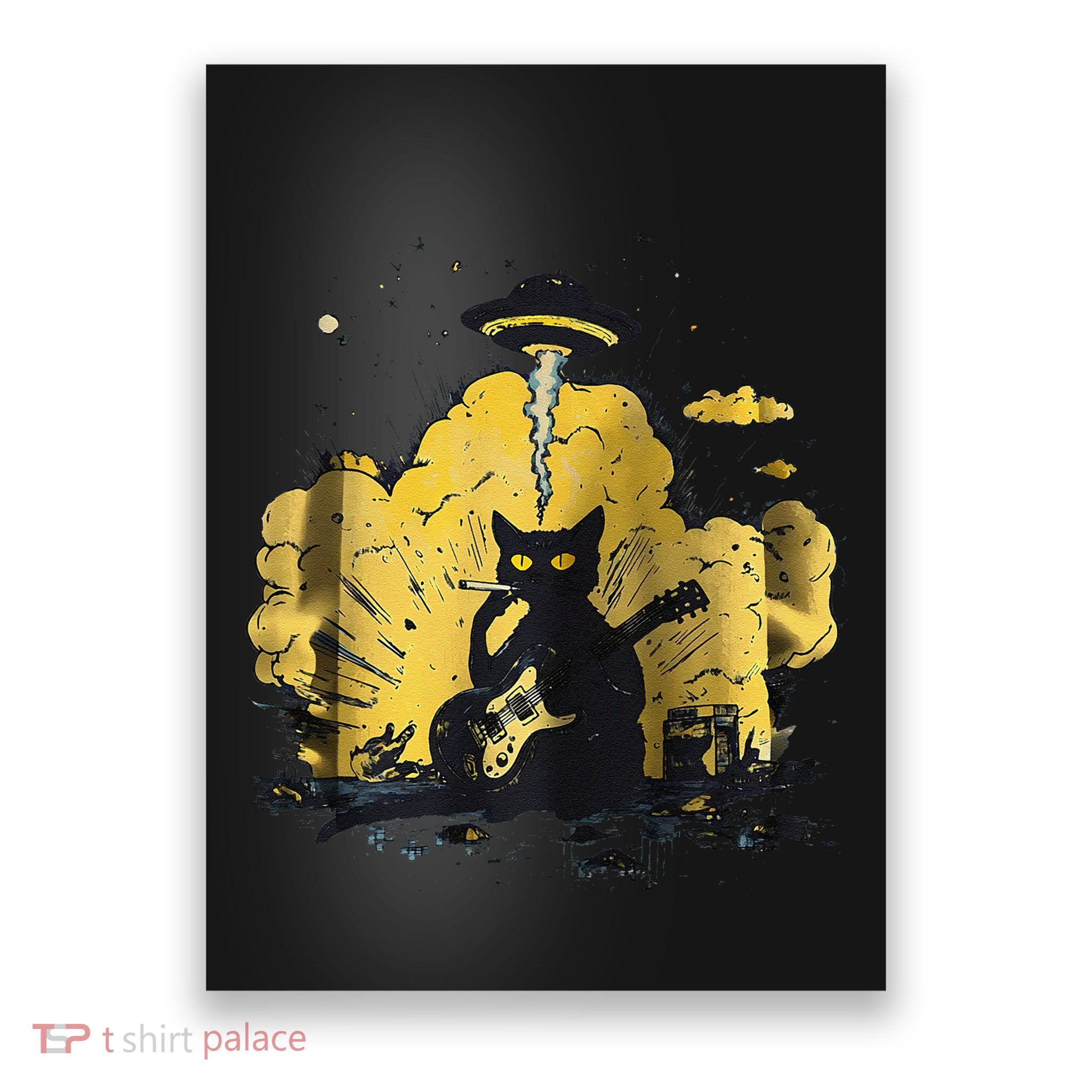 Black Cat Smoking Guitar Explosion Art Print Poster
