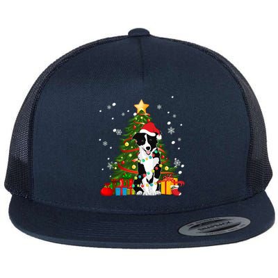 Border Collie Santa Christmas Tree Light Pajama Dog Xmas Gift Flat Bill Trucker Hat