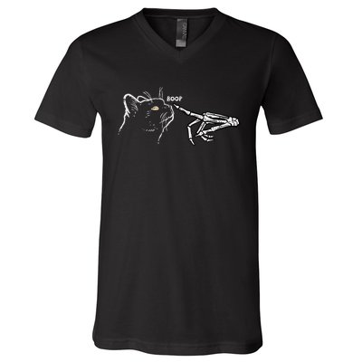 Black Cat Skeleton Hand Boop Halloween Pet V-Neck T-Shirt