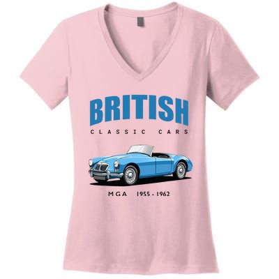 British Classic Sports Cars MG MGA Women's V-Neck T-Shirt