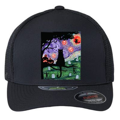 Black Cat Scary Night Cat Van Gogh Halloween Costume Gift Flexfit Unipanel Trucker Cap