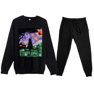 Black Cat Scary Night Cat Van Gogh Halloween Costume Gift Premium Crewneck Sweatsuit Set